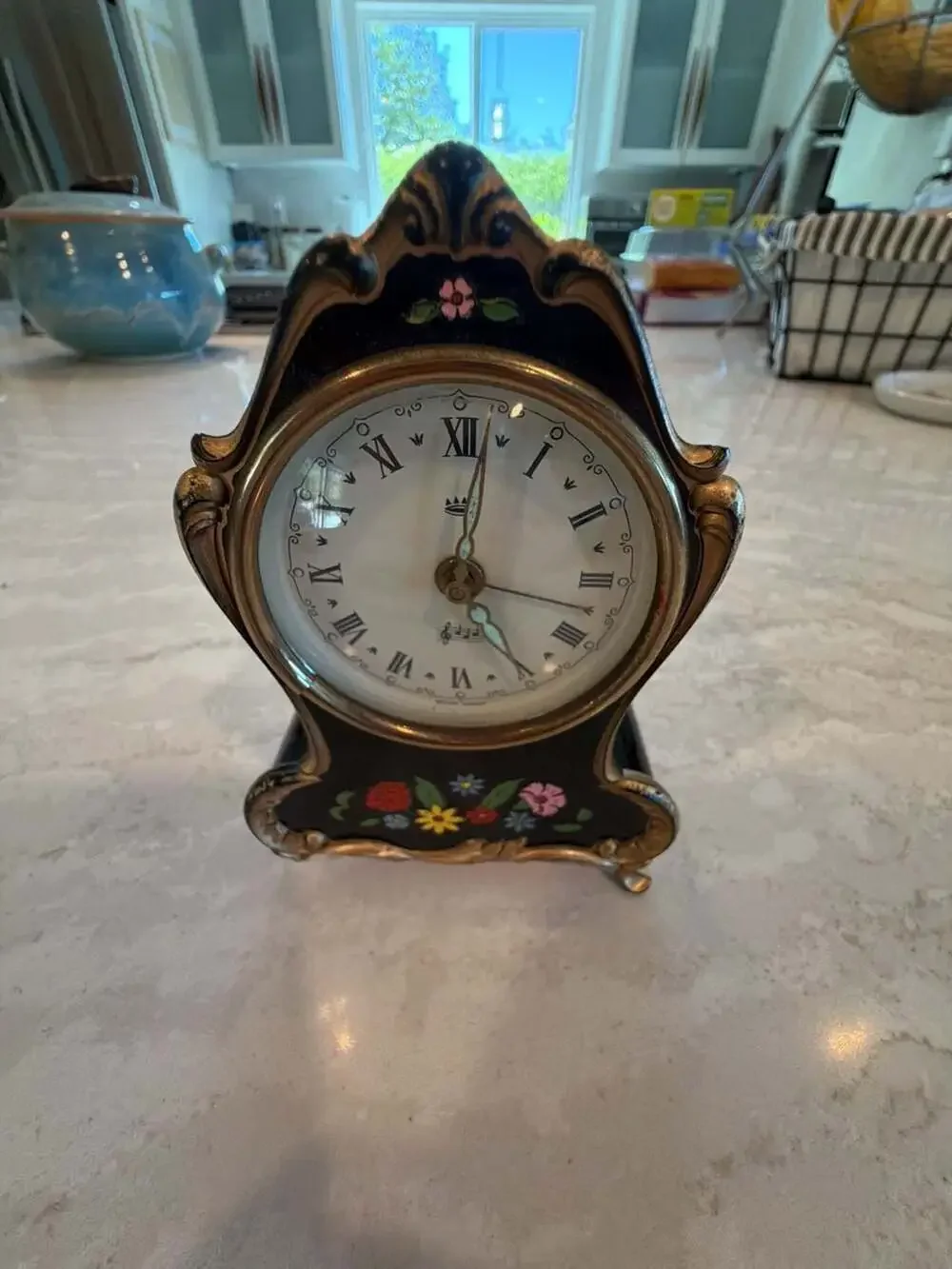 Vintage Reuge Edelweiss Musical Mantle Clock with Floral Hand-Painted Detail